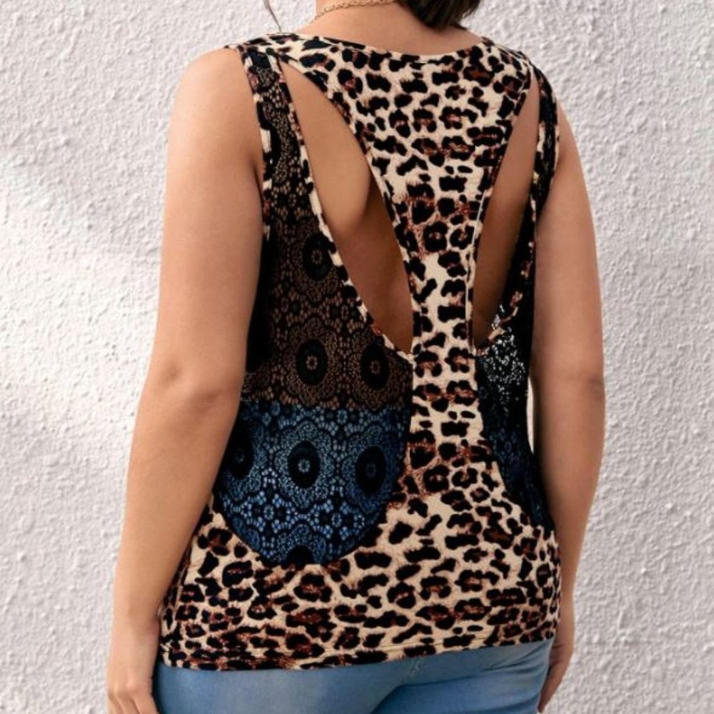 SXY Plus Leopard Print Contrast Lace Tank Top - Plus Size 16